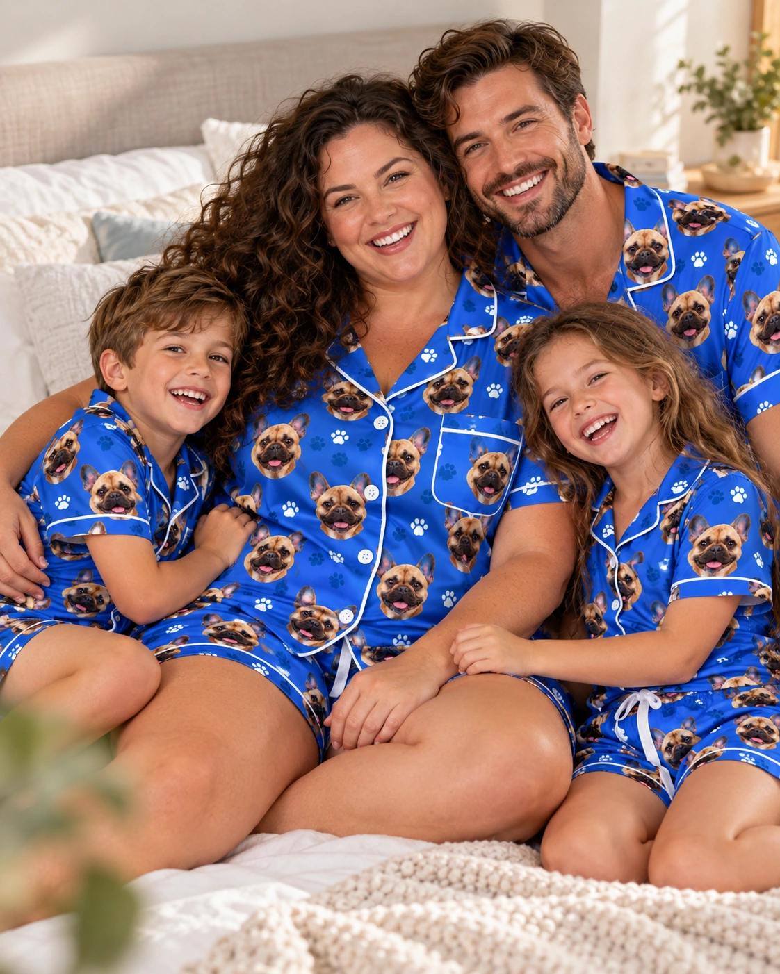 French Bulldog Pajama Shorts – Family, Royal Blue Paw-Print | MyDogPics Woman and her family in matching French bulldog pajama shorts with fawn French Bulldog faces — MyDogPics