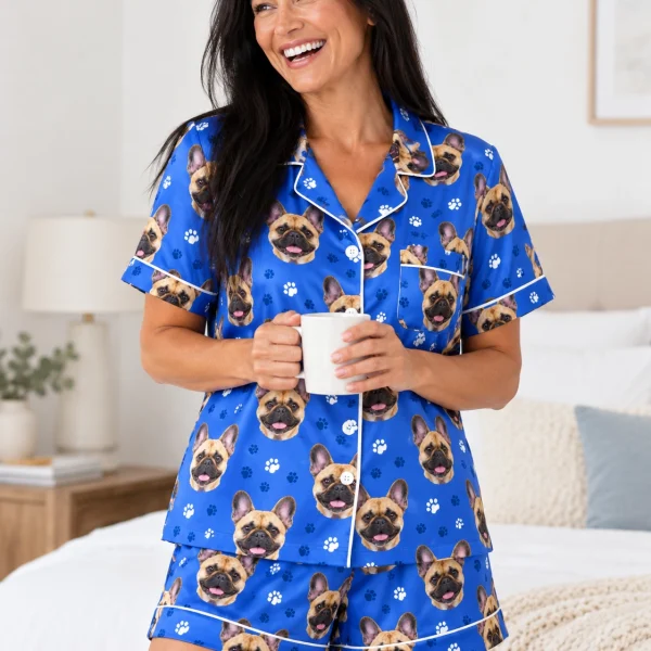 Woman wearing French bulldog pajama shorts covered in fawn French Bulldog faces on royal blue paw-print satin — MyDogPics