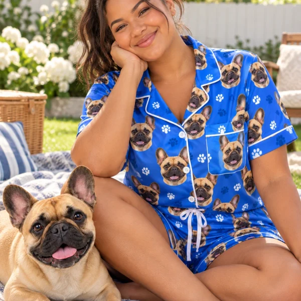 Woman in French bulldog pajama shorts with her French Bulldog — MyDogPics
