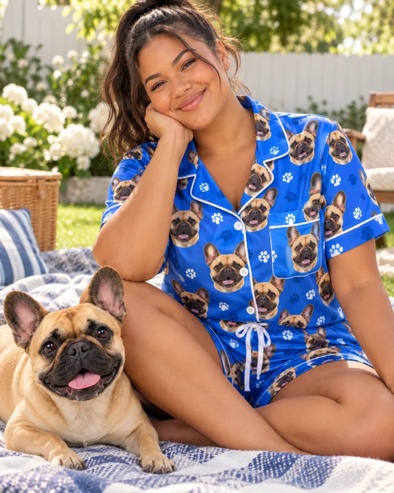 Woman in French bulldog pajama shorts with her French Bulldog — MyDogPics
