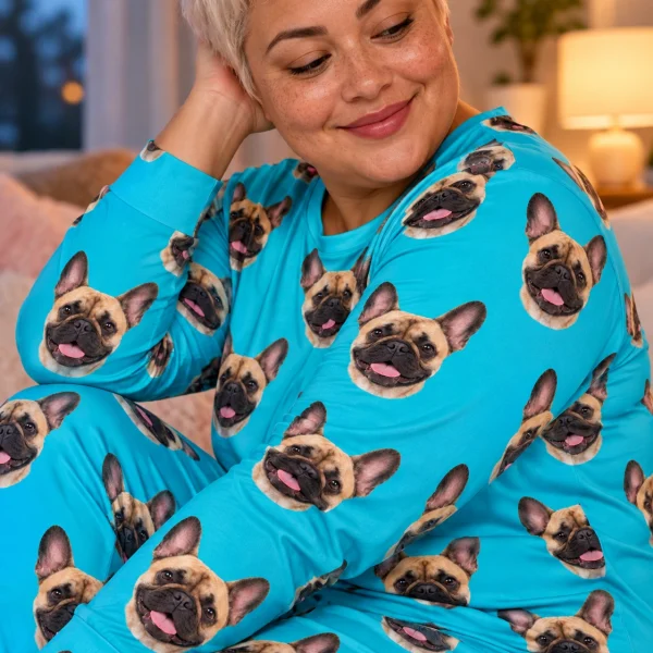 Close-up of the French bulldog pajamas for adults print: fawn French Bulldog faces on teal fabric — MyDogPics