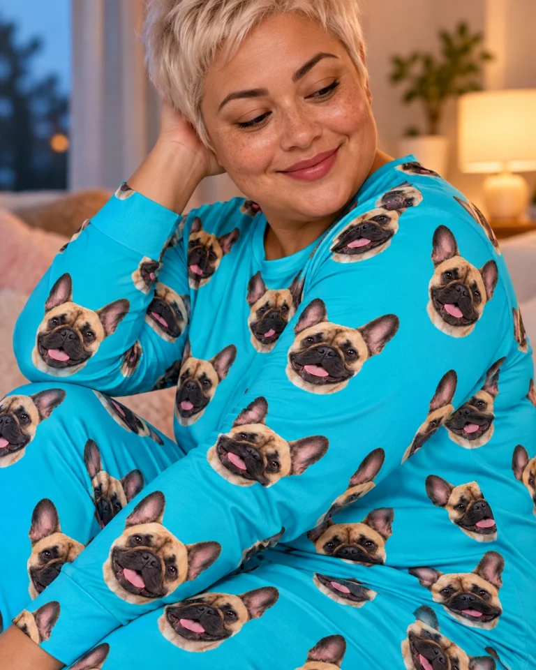 Close-up of the French bulldog pajamas for adults print: fawn French Bulldog faces on teal fabric — MyDogPics