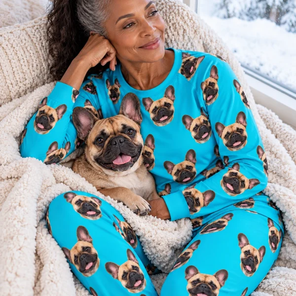 Woman in a French bulldog pajamas for adults cuddling her French Bulldog — MyDogPics