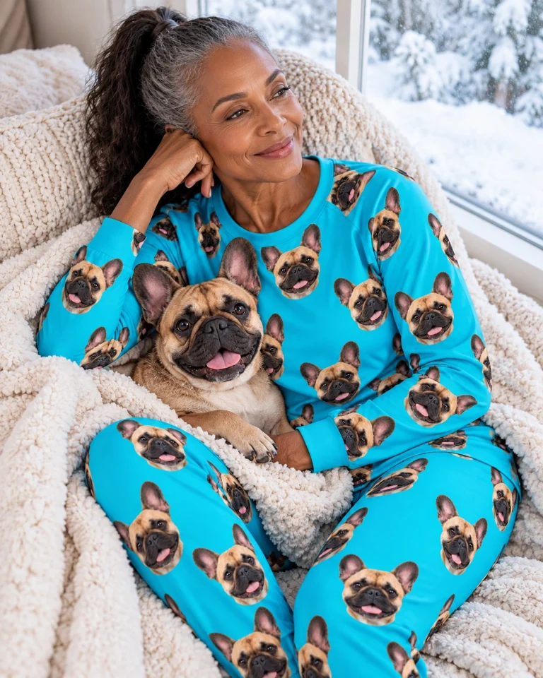 Woman in a French bulldog pajamas for adults cuddling her French Bulldog — MyDogPics