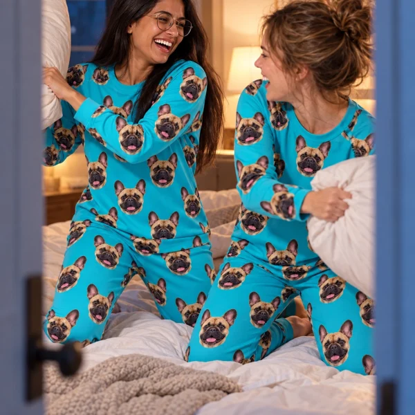 Woman and a friend in matching French bulldog pajamas for adults with fawn French Bulldog faces on teal fabric — MyDogPics
