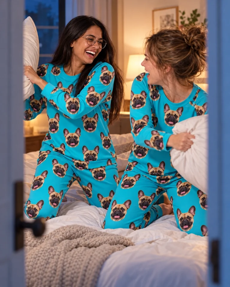 Woman and a friend in matching French bulldog pajamas for adults with fawn French Bulldog faces on teal fabric — MyDogPics