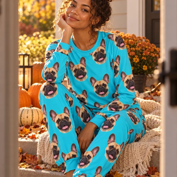 Woman sitting in a French bulldog pajamas for adults covered in fawn French Bulldog faces — MyDogPics
