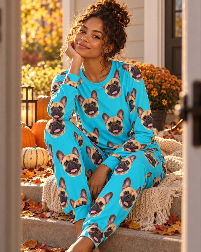 Woman sitting in a French bulldog pajamas for adults covered in fawn French Bulldog faces — MyDogPics