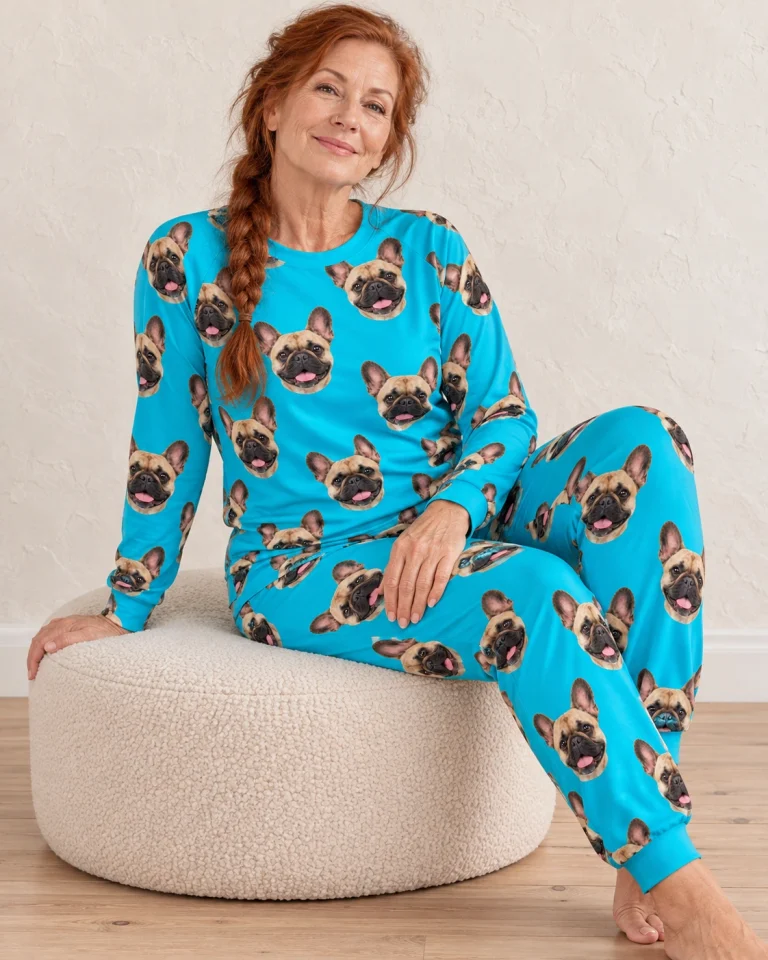 Woman sitting in a French bulldog pajamas for adults covered in fawn French Bulldog faces — MyDogPics