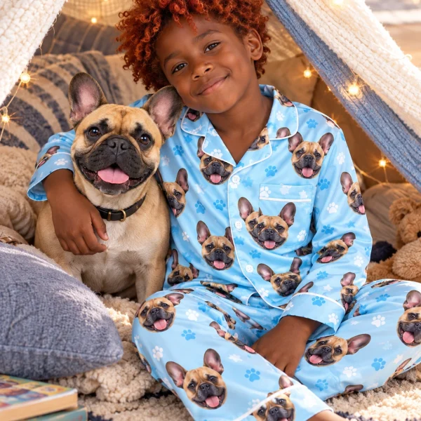 Boy in a French bulldog pajamas for kids cuddling his French Bulldog — MyDogPics