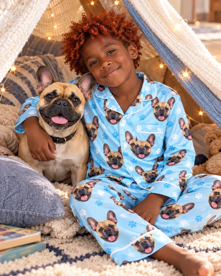 Boy in a French bulldog pajamas for kids cuddling his French Bulldog — MyDogPics