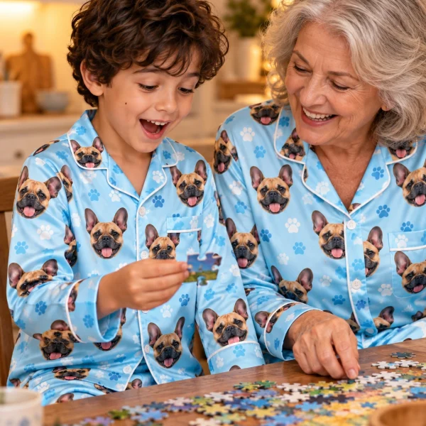 Boy and grandma in matching French bulldog pajamas for kids with fawn French Bulldog faces — MyDogPics