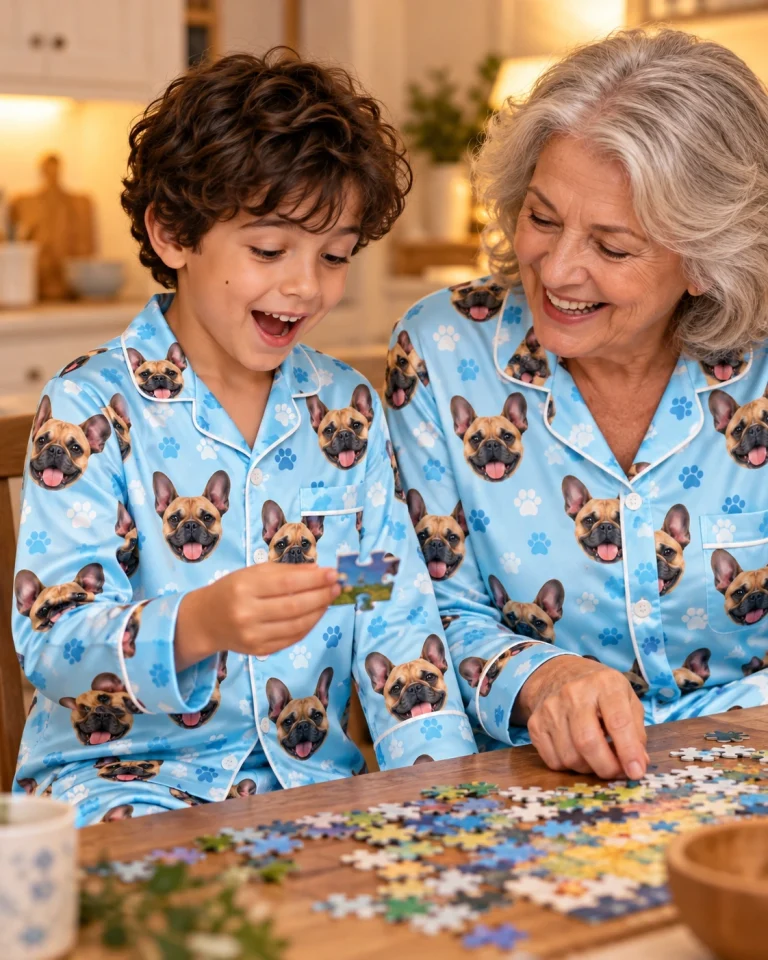 Boy and grandma in matching French bulldog pajamas for kids with fawn French Bulldog faces — MyDogPics