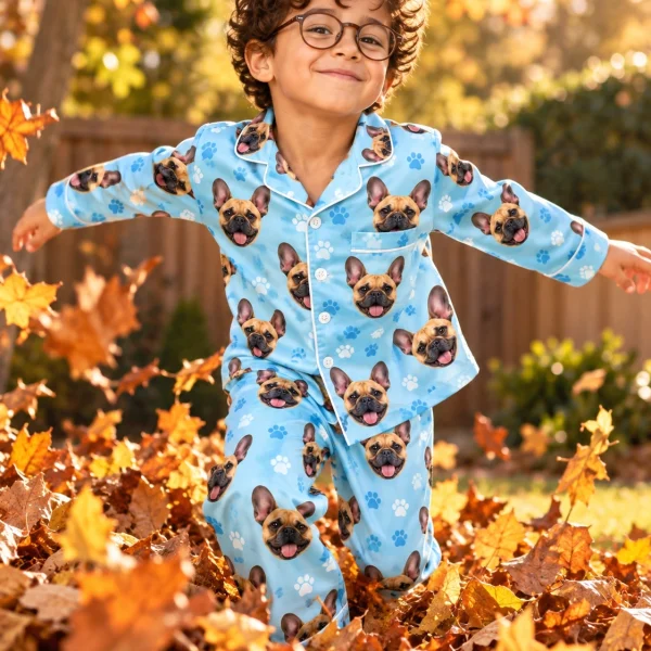 Boy posing in a French bulldog pajamas for kids, fawn French Bulldog faces on light blue paw-print satin — MyDogPics
