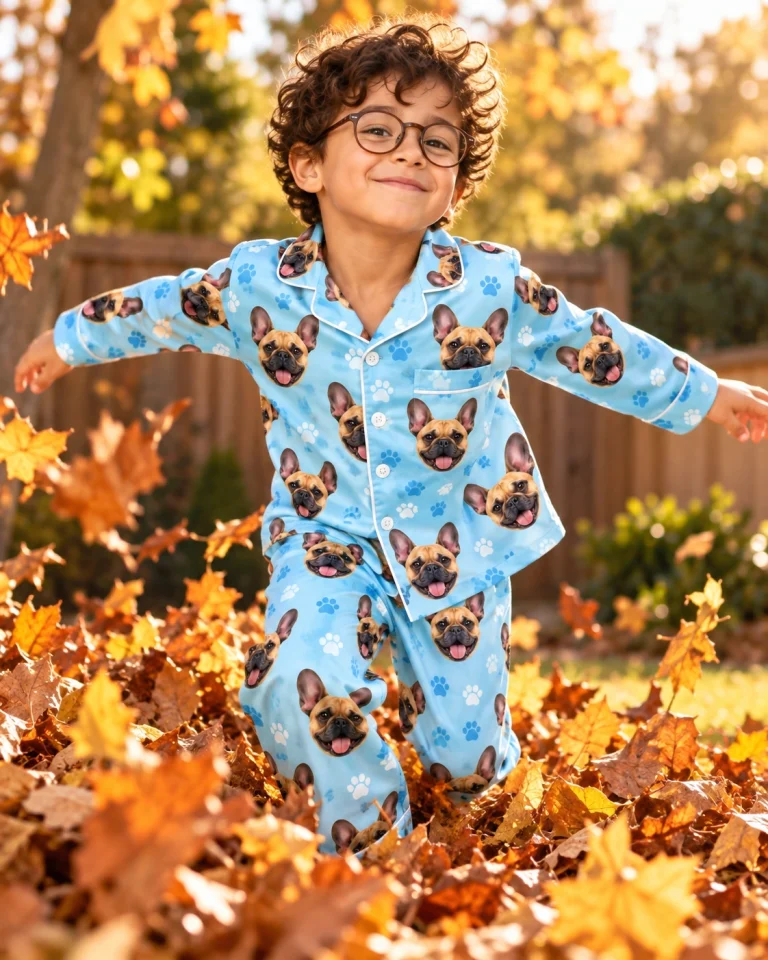 Boy posing in a French bulldog pajamas for kids, fawn French Bulldog faces on light blue paw-print satin — MyDogPics