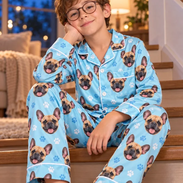 Boy sitting in a French bulldog pajamas for kids covered in fawn French Bulldog faces — MyDogPics