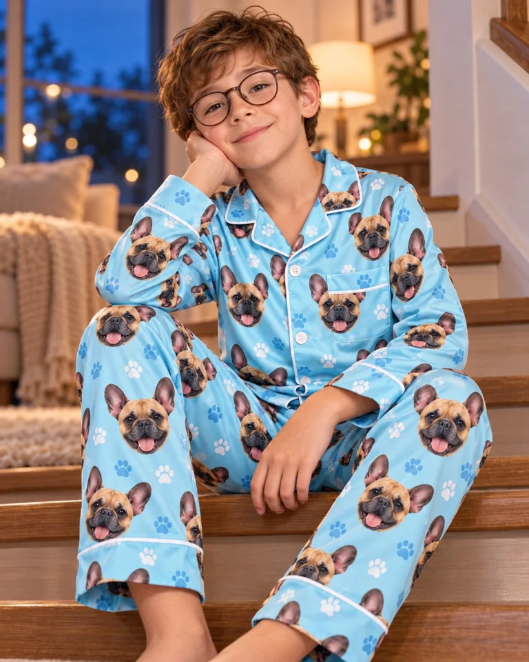 Boy sitting in a French bulldog pajamas for kids covered in fawn French Bulldog faces — MyDogPics
