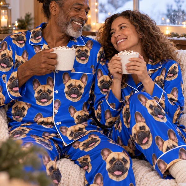 Man and his partner in matching French bulldog pajamas for men with fawn French Bulldog faces on royal blue satin — MyDogPics