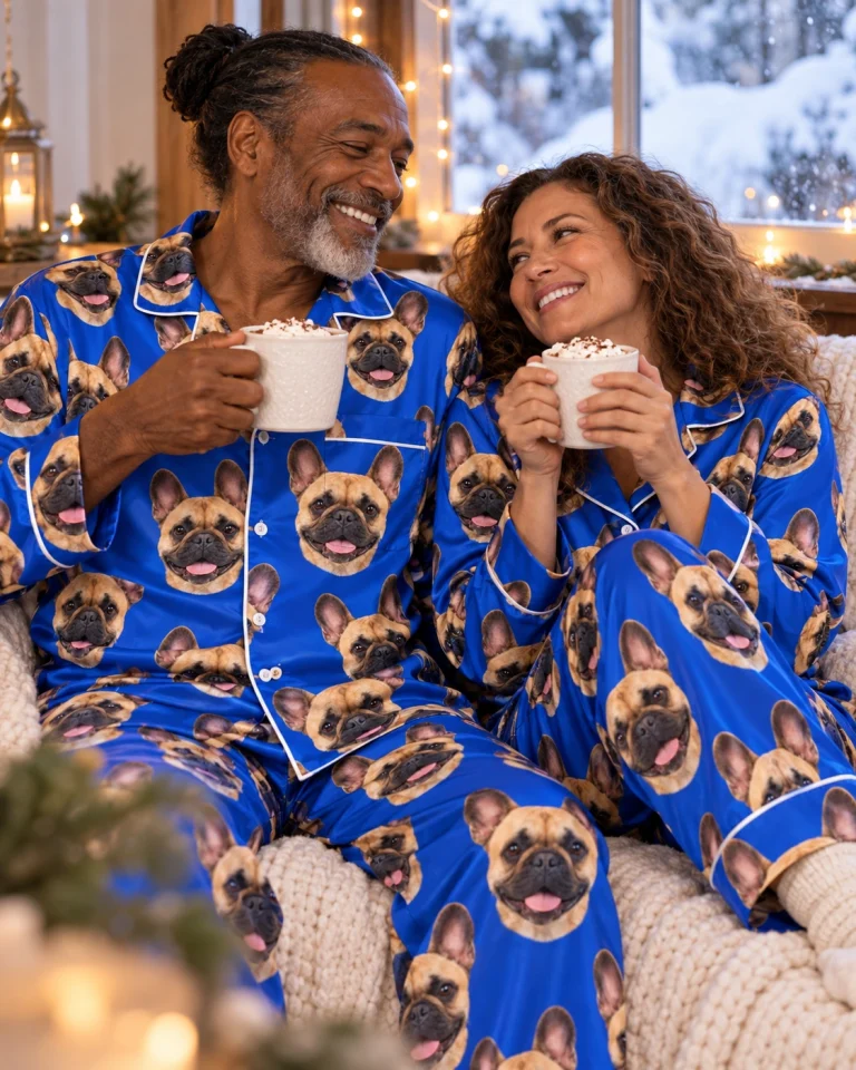 Man and his partner in matching French bulldog pajamas for men with fawn French Bulldog faces on royal blue satin — MyDogPics