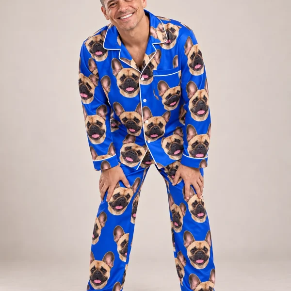 Man wearing a French bulldog pajamas for men covered in fawn French Bulldog faces on royal blue satin — MyDogPics
