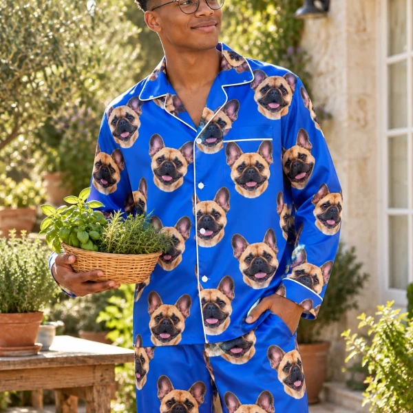 Man posing in a French bulldog pajamas for men, fawn French Bulldog faces on royal blue satin — MyDogPics