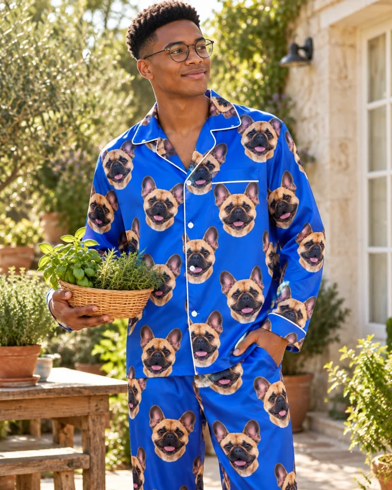 Man posing in a French bulldog pajamas for men, fawn French Bulldog faces on royal blue satin — MyDogPics