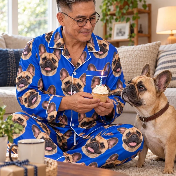 Man in a French bulldog pajamas for men with his French Bulldog — MyDogPics
