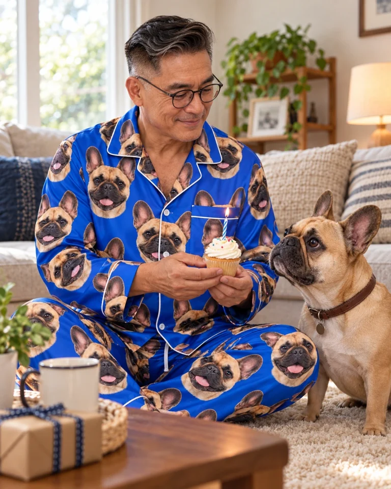 Man in a French bulldog pajamas for men with his French Bulldog — MyDogPics