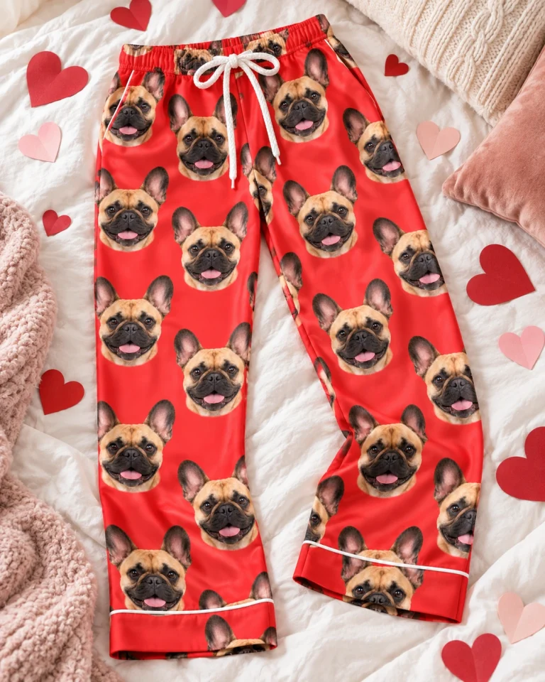 Flat lay of French bulldog Valentine pajamas: pants covered in fawn French Bulldog faces — MyDogPics
