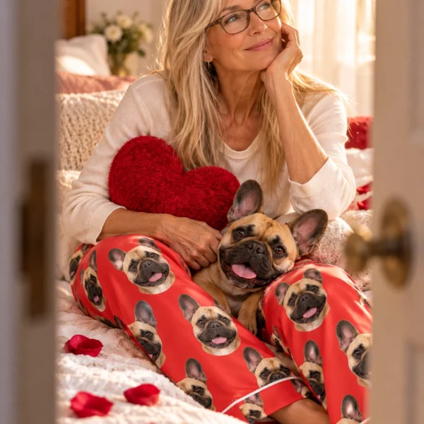 Woman in French bulldog Valentine pajamas with her French Bulldog — MyDogPics