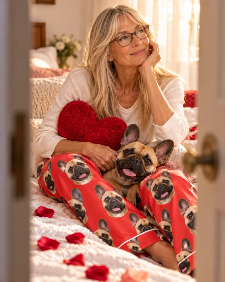 Woman in French bulldog Valentine pajamas with her French Bulldog — MyDogPics