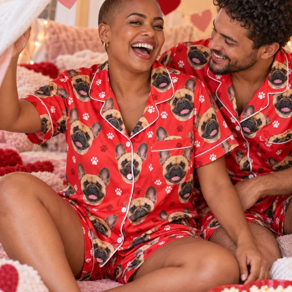 Woman and her partner in matching French bulldog Valentines day pajama set with fawn French Bulldog faces — MyDogPics