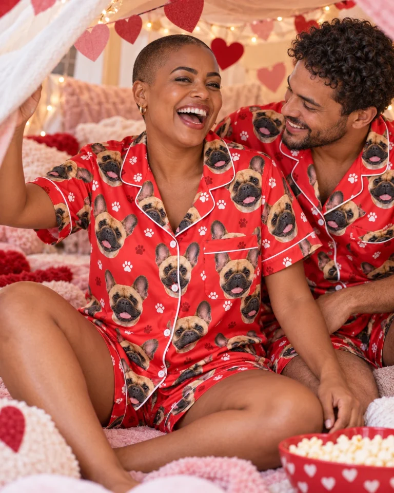 Woman and her partner in matching French bulldog Valentines day pajama set with fawn French Bulldog faces — MyDogPics