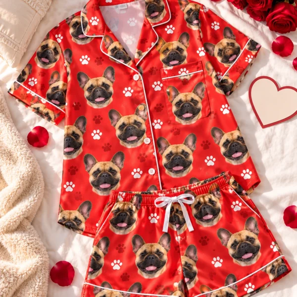 Flat lay of a French bulldog Valentines day pajama set: shirt and shorts covered in fawn French Bulldog faces — MyDogPics