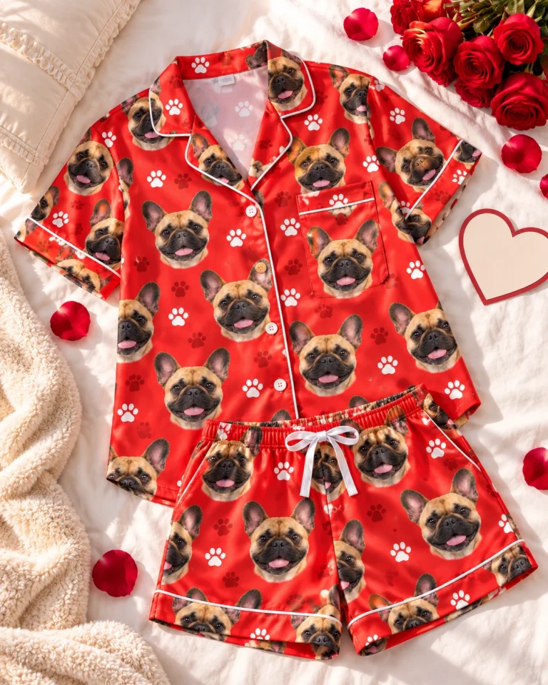 Flat lay of a French bulldog Valentines day pajama set: shirt and shorts covered in fawn French Bulldog faces — MyDogPics