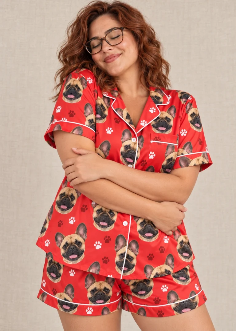 Woman posing in a French bulldog Valentines day pajama set, fawn French Bulldog faces on red paw-print satin — MyDogPics