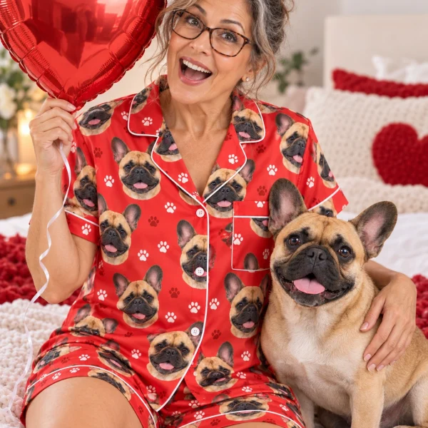 Woman in a French bulldog Valentines day pajama set with her French Bulldog — MyDogPics