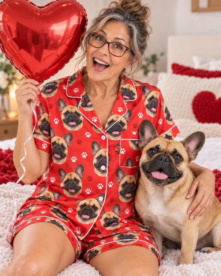 Woman in a French bulldog Valentines day pajama set with her French Bulldog — MyDogPics