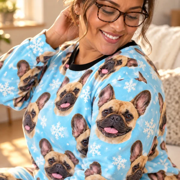 Close-up of the French bulldog winter pajamas print: fawn French Bulldog faces on light blue snowflake fabric — MyDogPics