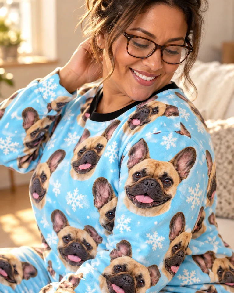 Close-up of the French bulldog winter pajamas print: fawn French Bulldog faces on light blue snowflake fabric — MyDogPics