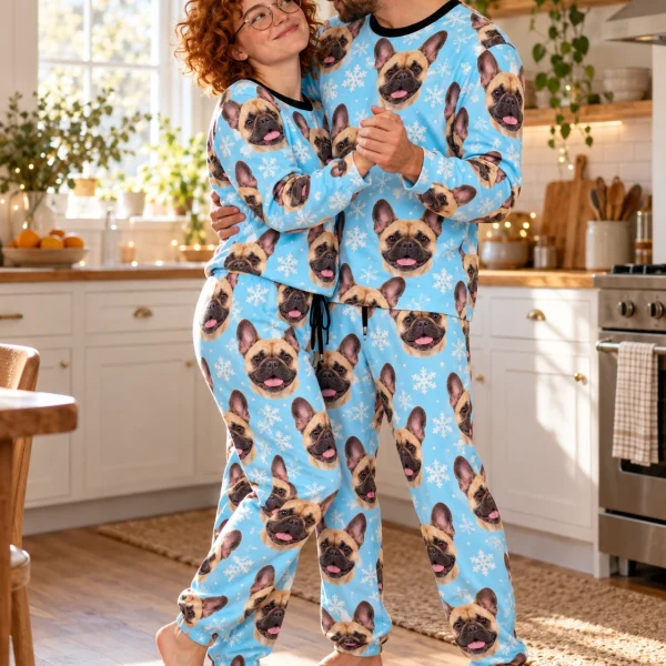 Woman and her partner in matching French bulldog winter pajamas with fawn French Bulldog faces — MyDogPics