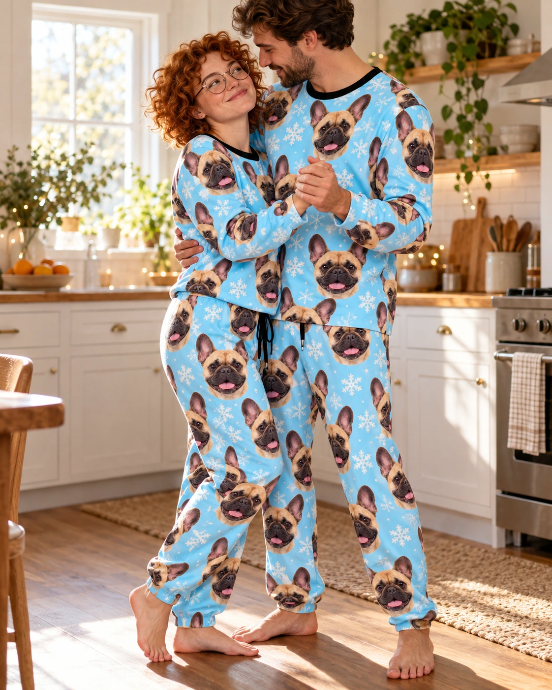 French Bulldog Winter Pajamas – Family, Light Blue Snowflake | MyDogPics Woman and her partner in matching French bulldog winter pajamas with fawn French Bulldog faces — MyDogPics