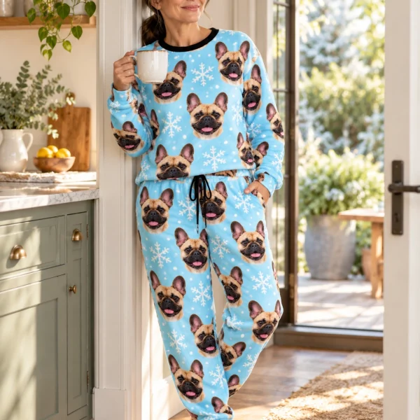 Woman posing in French bulldog winter pajamas, fawn French Bulldog faces on light blue snowflake fabric — MyDogPics