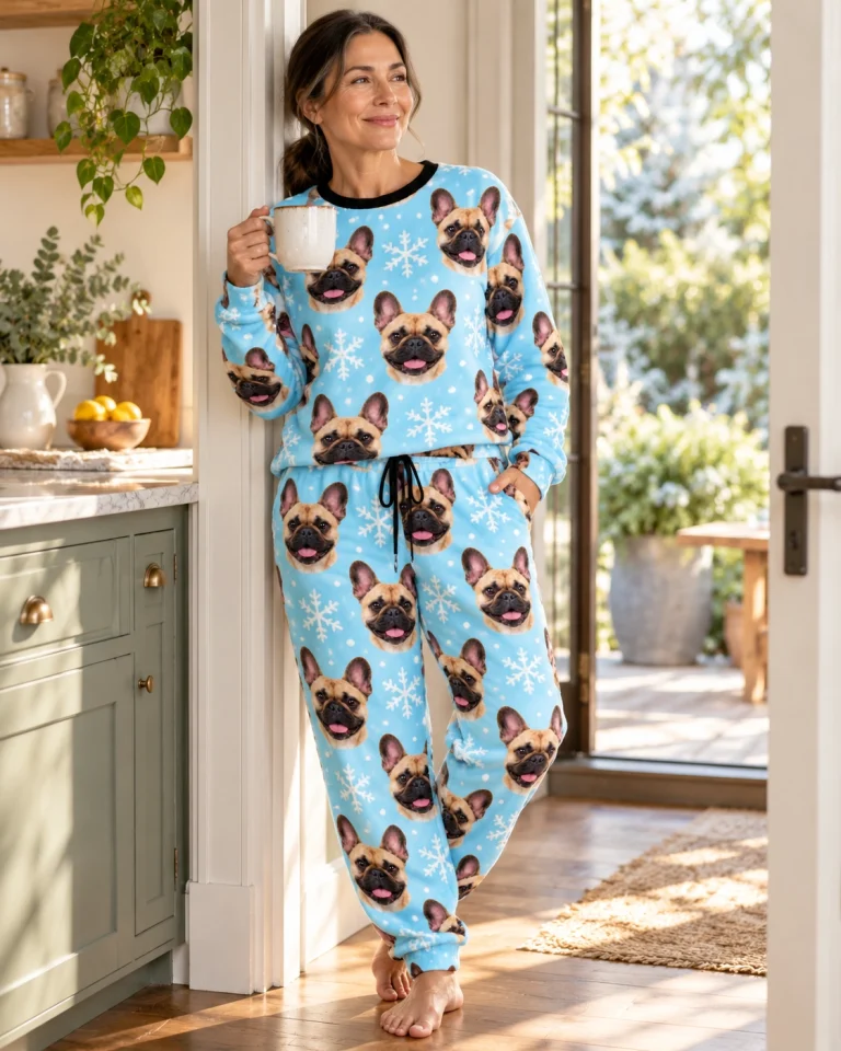 Woman posing in French bulldog winter pajamas, fawn French Bulldog faces on light blue snowflake fabric — MyDogPics