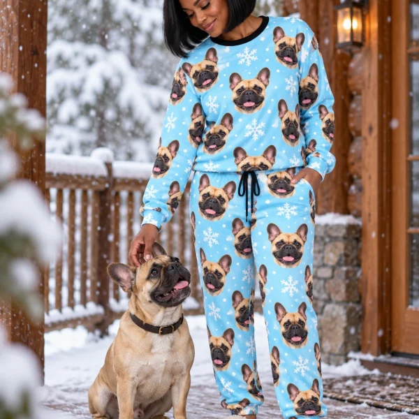 Woman in French bulldog winter pajamas with her French Bulldog — MyDogPics