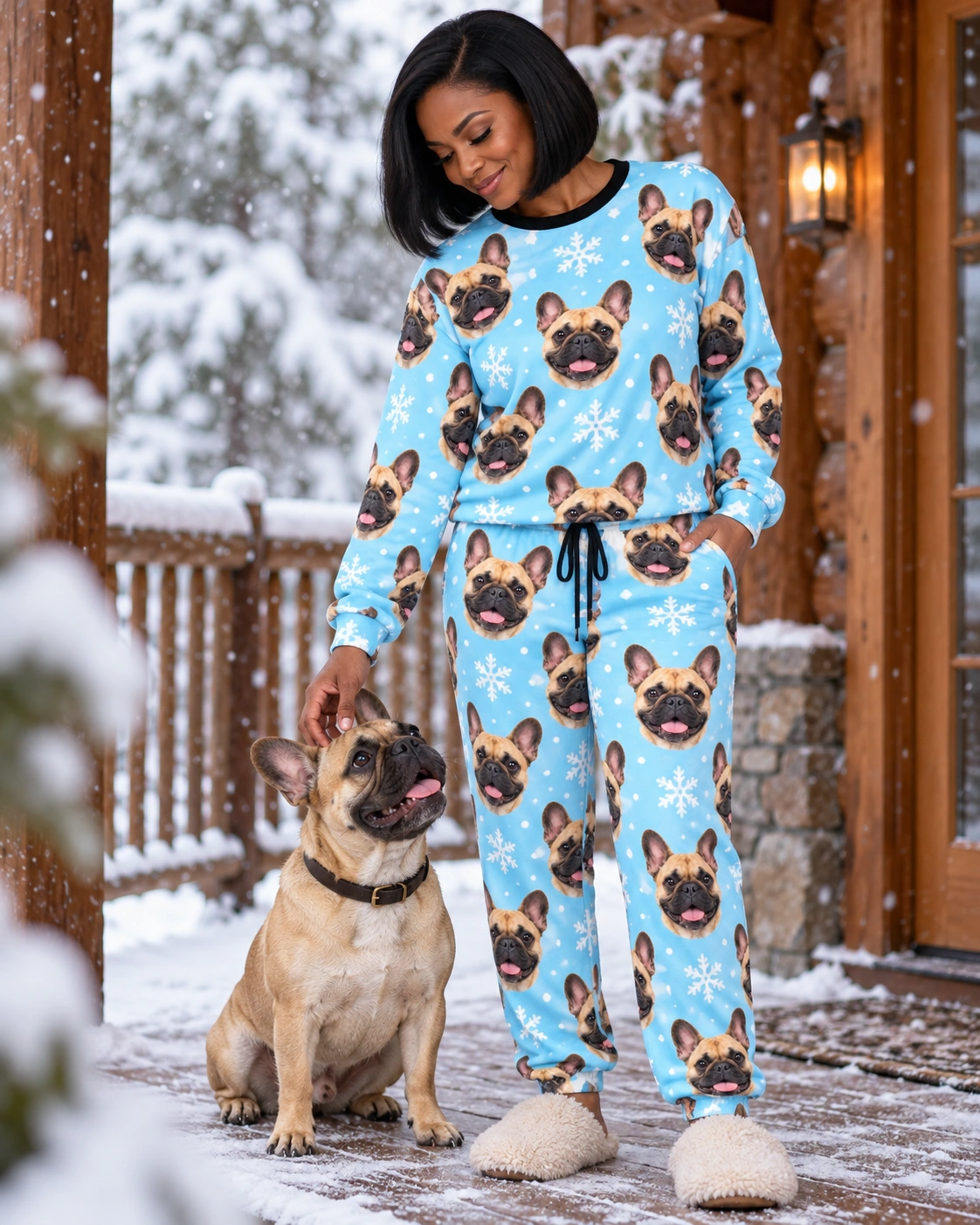 French Bulldog Winter Pajamas – With Dog, Light Blue Snowflake | MyDogPics Woman in French bulldog winter pajamas with her French Bulldog — MyDogPics