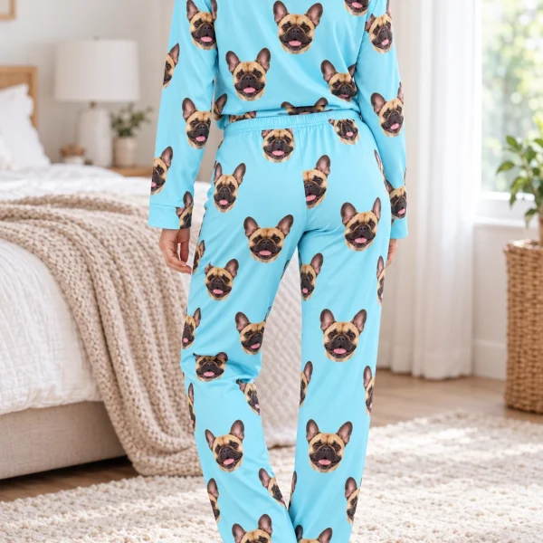Back view of a frenchie pajamas for humans: the print continues all the way round — MyDogPics
