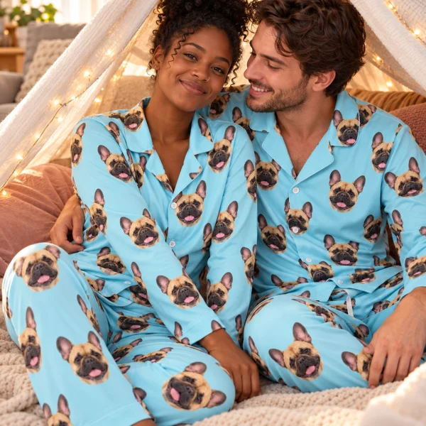 Woman and her partner in matching frenchie pajamas for humans with fawn French Bulldog faces on light blue fabric — MyDogPics