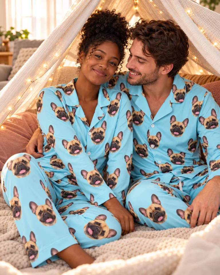 Woman and her partner in matching frenchie pajamas for humans with fawn French Bulldog faces on light blue fabric — MyDogPics