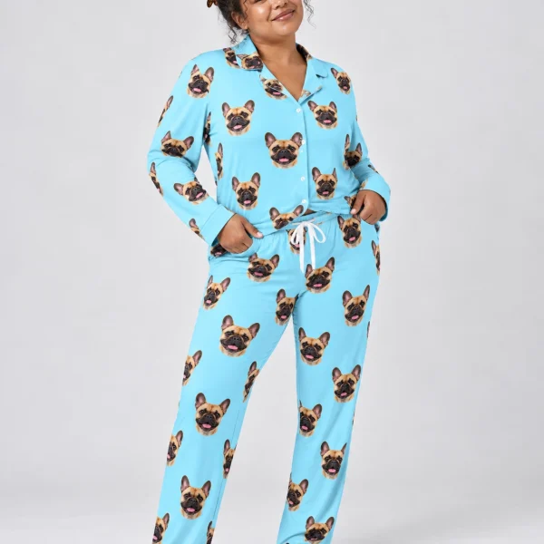 Woman wearing a frenchie pajamas for humans covered in fawn French Bulldog faces on light blue fabric — MyDogPics